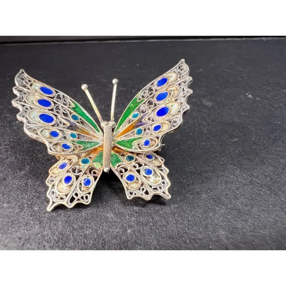 Vintage Alieti Adriana 800 silver Italian enameled filigree butterfly brooch pin